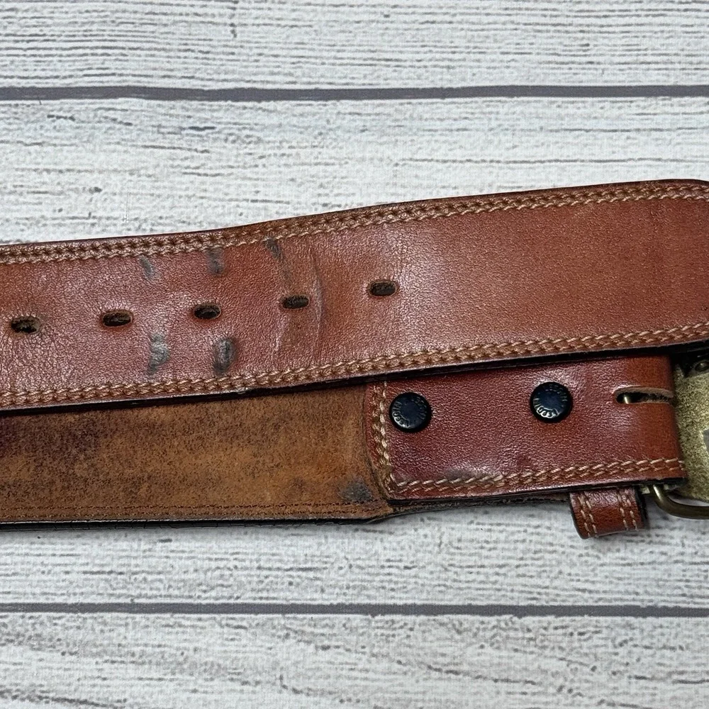 LEEGIN Brown Leather Belt Men's Size 36 Vintage Brass Budweiser Belt Buckle